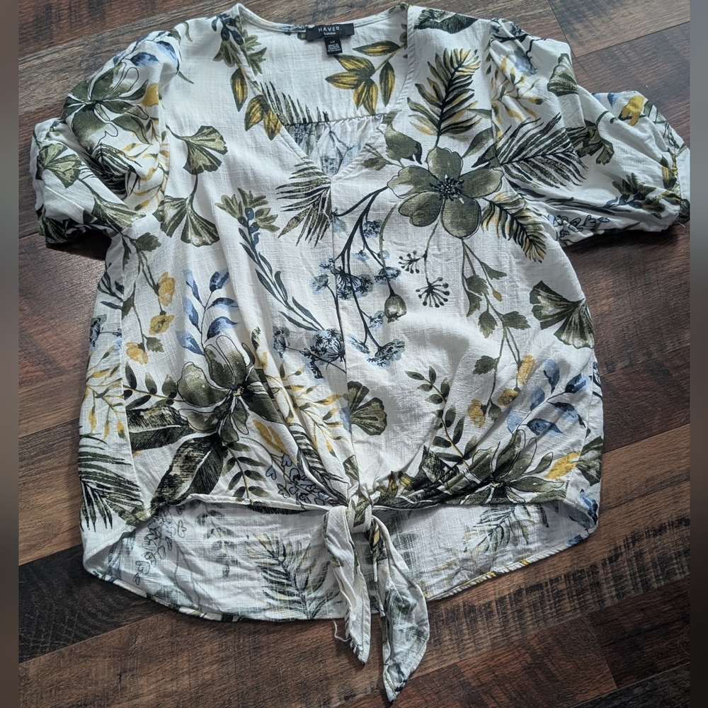 Botanical Print Tie-Front Blouse 100% Linen